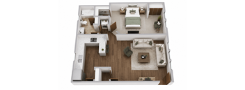 A top-down view of a well-furnished apartment.