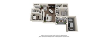 A 3D floor plan of a house with a kitchen, living room, bedrooms, and a garage.