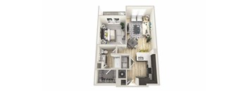 A floor plan of a house with a kitchen, living room, and two bedrooms.