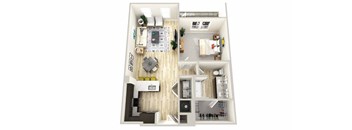 A top-down view of a small apartment with a living room, kitchen, and bedroom.