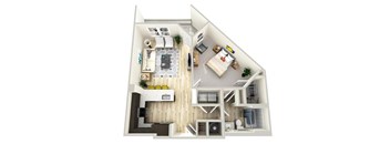 A 3D floor plan of a house with a kitchen, living room, and bathroom.