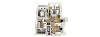 A top-down view of a house layout with a kitchen, living room, and bathroom.