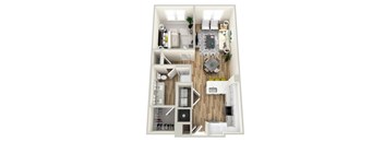 A top-down view of a small apartment with a kitchen, living room, and bathroom.