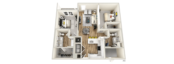 A floor plan of a house with a kitchen, living room, and two bedrooms.