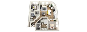 A top-down view of a small, well-organized apartment with a kitchen, living room, and bathroom.