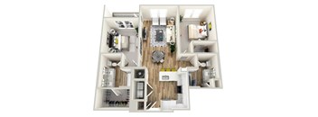 A top-down view of a house layout with a kitchen, living room, and bedrooms.