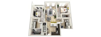 A 3D floor plan of a house with a kitchen, living room, and two bedrooms.