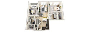 A top-down view of a modern apartment layout.