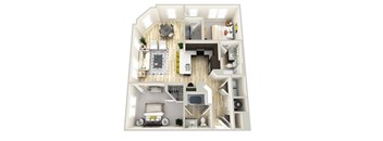 A dollhouse with a living room, kitchen, and dining room.