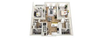 A 3D floor plan of a house with a kitchen, living room, dining room, and two bedrooms.