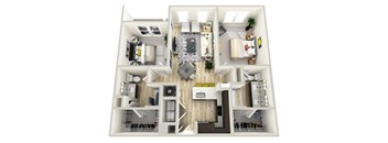 A 3D floor plan of a house with a kitchen, living room, and two bedrooms.