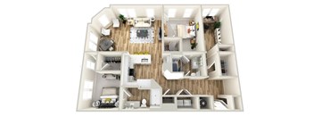 A top-down view of a two-story house with a living room, kitchen, and bedrooms.