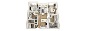 A floor plan of a small apartment with a kitchen, living room, and two bedrooms.