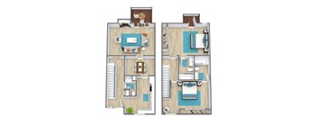 A floor plan of a two-story apartment with a living room, kitchen, and bedrooms.