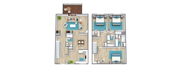 A floor plan of a two-story house with a living room, kitchen, and bedrooms.
