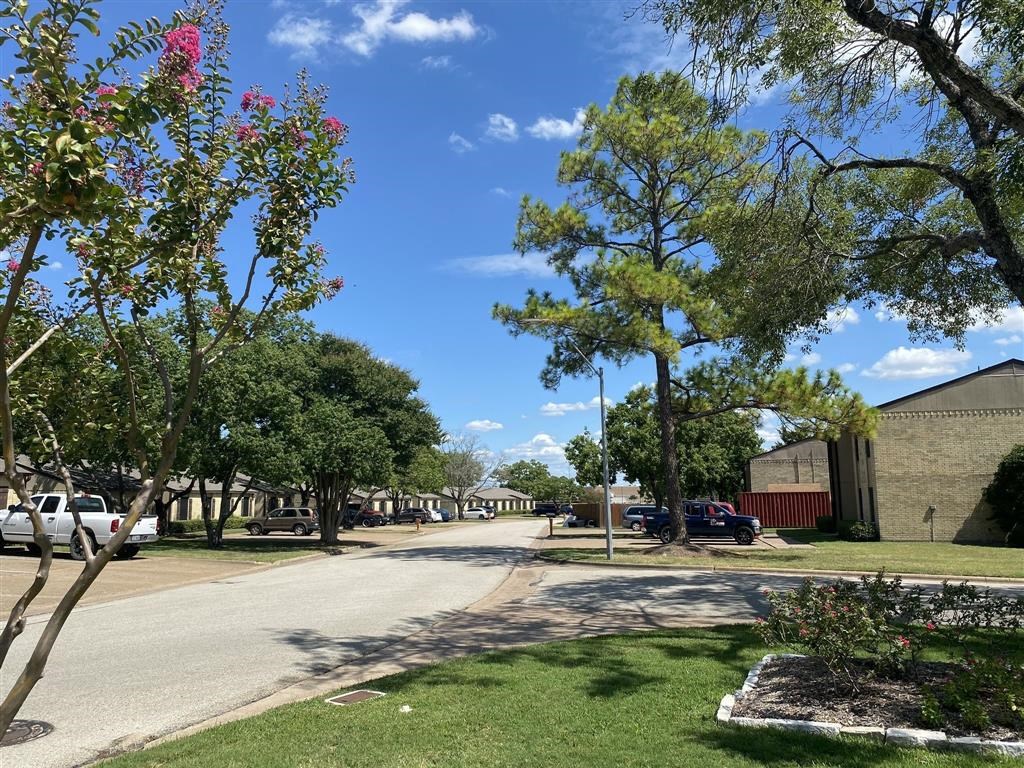 a street in a neighborhood with trees and cars