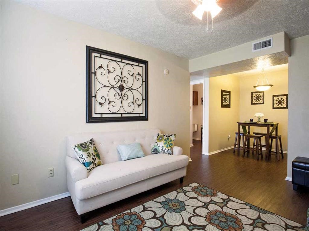 a living room and dining room with a couch and a rug