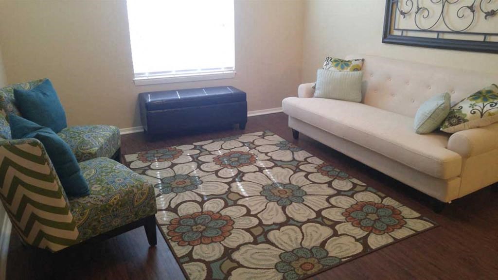 a living room with a couch and chairs and a rug