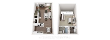 A floor plan of a small apartment with a kitchen, living room, and bathroom.