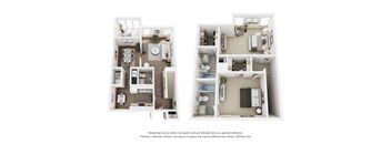 Two floor plans of a house with a kitchen, living room, bedrooms and bathrooms.