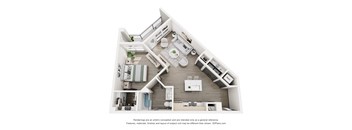 A 3D floor plan of a house with a kitchen, living room, and two bedrooms.