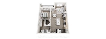A 3D floor plan of a small apartment with a kitchen, living room, and bathroom.
