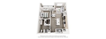 A 3D floor plan of a small apartment with a kitchen, living room, and bathroom.