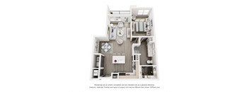 A 3D floor plan of a house with a kitchen, living room, and two bedrooms.