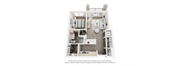 A 3D floor plan of a small apartment with a kitchen, living room, and bathroom.