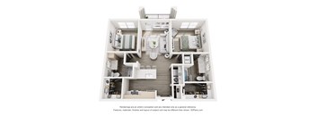 A 3D floor plan of a house with a kitchen, living room, and two bedrooms.