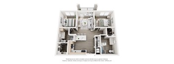 A 3D floor plan of a house with a kitchen, living room, and two bedrooms.