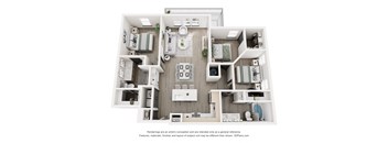 A 3D floor plan of a small apartment with a kitchen, living room, and two bedrooms.
