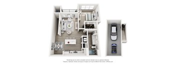 A 3D floor plan of a house with a kitchen, living room, and garage.