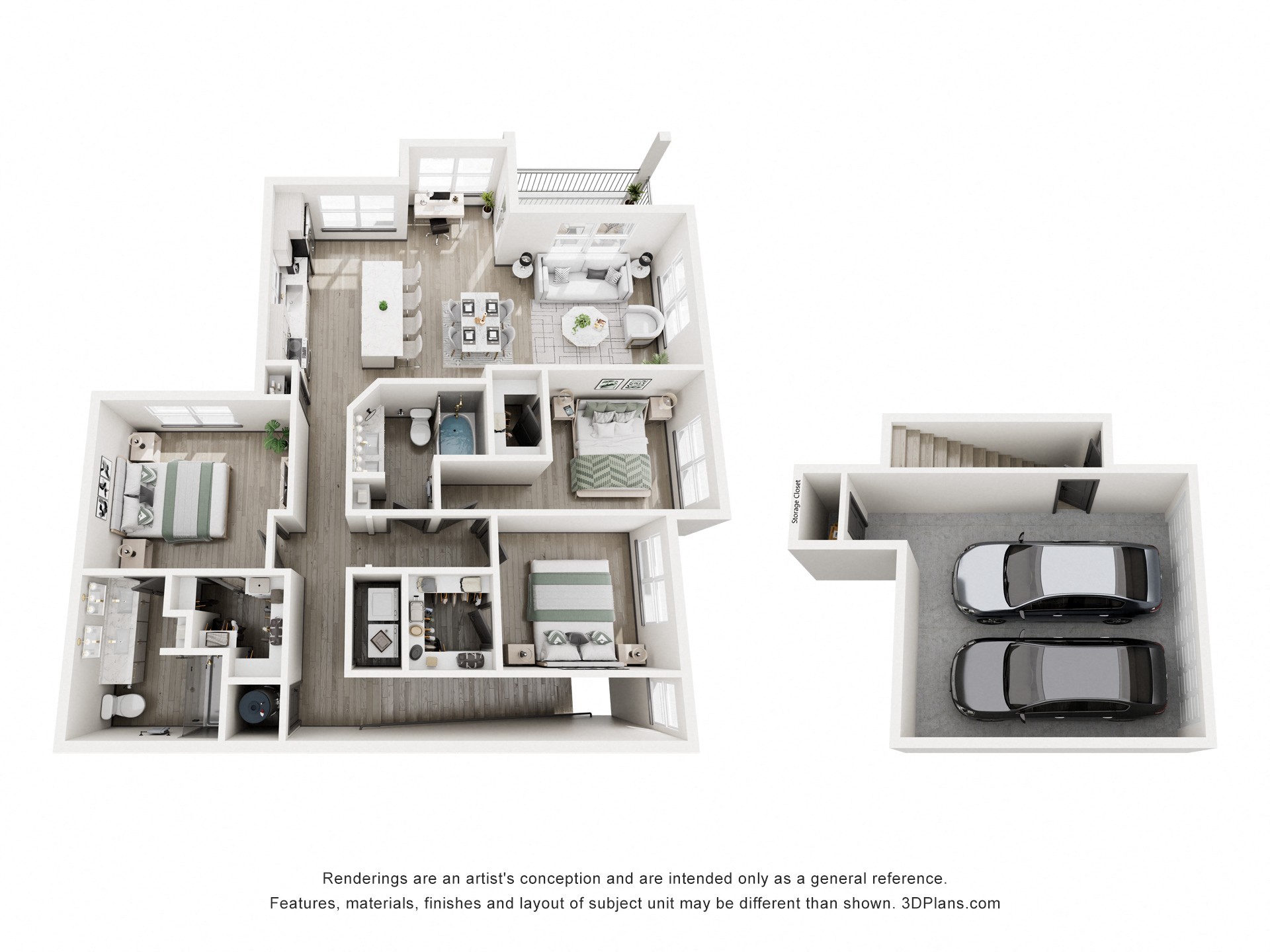 A 3D floor plan of a house with a garage.