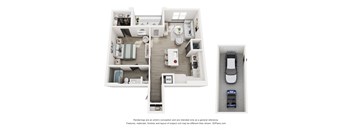 A 3D floor plan of a house with a kitchen, living room, and bathroom.