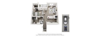 A 3D floor plan of a house with a kitchen, living room, and a car parked in the garage.