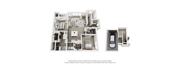 A 3D floor plan of a house with a kitchen, living room, and bathroom.