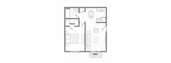 A floor plan of a house with a closet and patio.