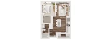 A top-down view of a modern apartment layout with a kitchen, living room, and bathroom.