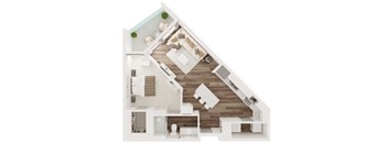 A 3D floor plan of a house with a kitchen, living room, and bathroom.
