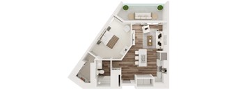 A top-down view of a modern apartment with a kitchen, living room, and bathroom.