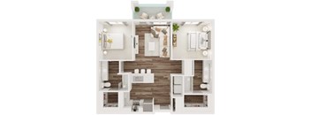 A top-down view of a modern apartment layout with a living room, kitchen, and two bedrooms.