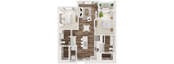 A top-down view of a modern apartment layout with a kitchen, living room, and bathroom.