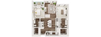 A top-down view of a modern apartment layout with a kitchen, living room, and bathroom.