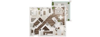 A top-down view of a house layout with a kitchen, living room, and bathroom.