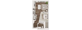 A top-down view of a small apartment with a bed, a couch, a table, and a staircase.