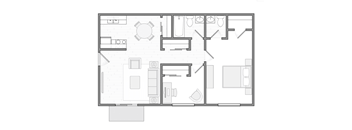 A black and white floor plan of a house with a kitchen, living room, dining room, and bathrooms.
