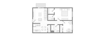 A black and white floor plan of a house with a kitchen, living room, dining room, and two bedrooms.