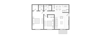A black and white floor plan of a house with a kitchen, living room, and bathroom.