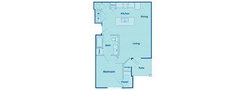 A floor plan of a house with a kitchen, dining room, living room, bathroom, bedroom, and closet.